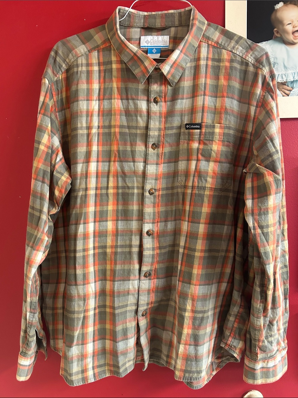 Columbia Orange and Olive Plaid Casual Button-Down Shirt XXL